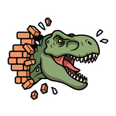 Obraz premium A cartoon T-Rex bursting through a brick wall