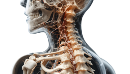 A detailed medical illustration of the human neck and spine anatomy