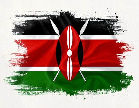 Kenya Flag Brushstroke Design with Shield and Spear on Tricolor Background
