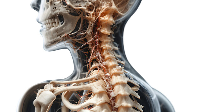 A detailed medical illustration of the human neck and spine anatomy