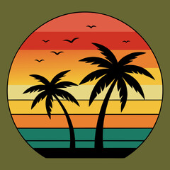 Retro vector illustration featuring palm trees silhouettes against a beautiful striped vintage sunset creating a nostalgic and relaxed mood perfect for summer.