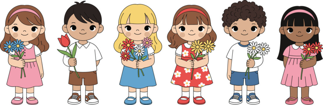 Cute children holding flowers illustration with diverse kids characters isolated on white background adorable vector artwork
