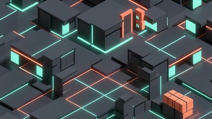 Isometric Dark Gray Cubes with Orange and Teal Grid Pattern - Powered by Adobe