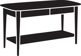 Solid black silhouette of narrow rectangular console table with drawers and shelf