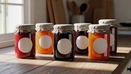 Six assorted jars of homemade jam on sunlit wooden kitchen counter with fabric covers and blank labels