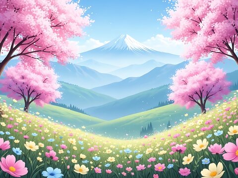 landscape with blooming cherry trees