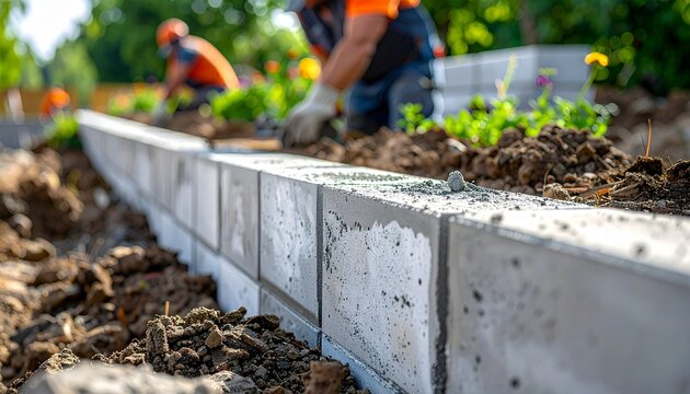 Construction workers installing concrete curbs and landscaping with soil and plants for a garden or pathway