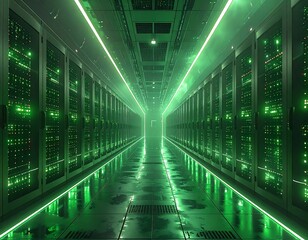 Modern data center bathed in green light, servers arrayed