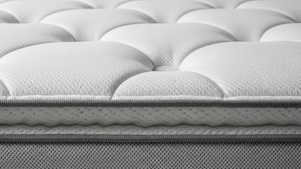 Close-up of luxurious quilted white mattress with soft, comfortable texture and gray edging for restful sleep