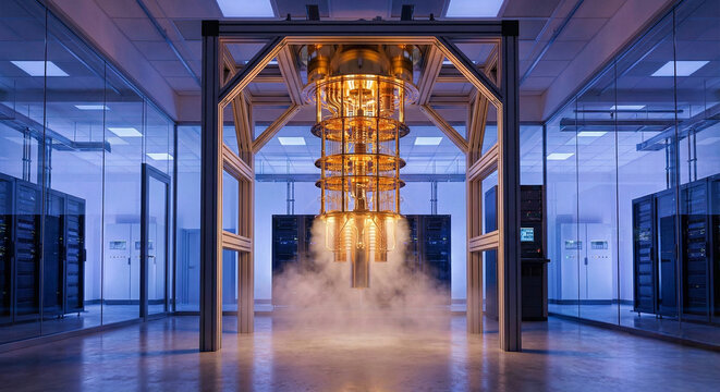 Full View of a Massive Gold-Plated Quantum Dilution Refrigerator in a Futuristic Laboratory