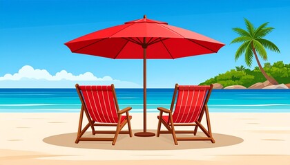 Obraz premium Vibrant tropical beach illustration featuring two red lounge chairs and a matching umbrella, perfect for a relaxing summer vacation by the serene blue ocean