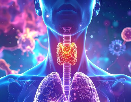 Medical illustration of human anatomy highlighting the thyroid and lungs