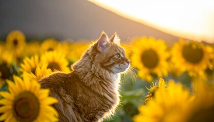 ひまわり畑と猫