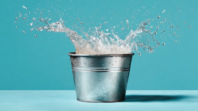 Splashing Water in Metal Bucket Against Vibrant Blue Background