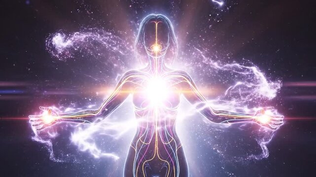 Woman revealing luminous energy tracing body meridian networks.