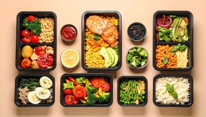 Assortment of prepped healthy meals in black containers, showcasing a balanced diet for daily convenience and nutrition, perfect for active lifestyles and weight management