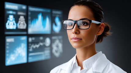 Confident Professional Woman Analyzing Data with Futuristic Virtual Interface in White Lab Coat