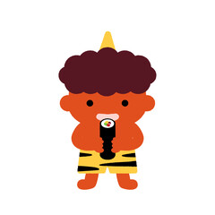 節分の赤鬼が恵方巻きを食べる、かわいい日本行事キャラクターイラスト