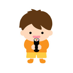 節分に恵方巻きを食べる男の子のかわいいイラスト｜日本の季節行事・子ども向け素材