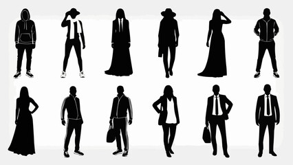 Collection of Diverse Silhouettes of People in Various Fashionable Outfits.