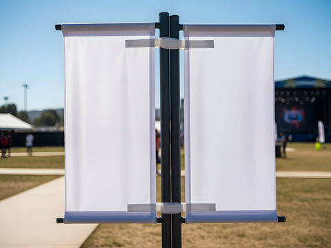 Two Blank White Vertical Banners on Pole at Outdoor Event Venue with Blurred Background and Sunlight