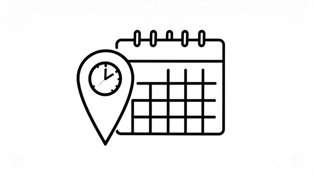Vector icon illustrating event planning, appointment scheduling, and time management, featuring a calendar, location pin, and clock. Ideal for digital applications and business interfaces - Powered by Adobe
