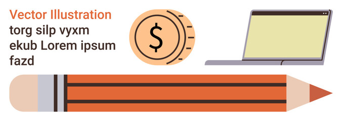 Financial planning, freelance work, digital tools, education resources, creative projects, online work. Image of a laptop, pencil and coin symbol. Financial planning and freelance work concepts