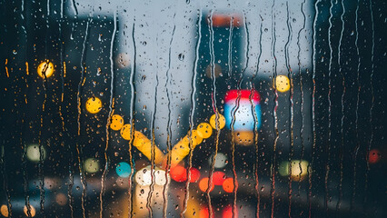 Rain-Streaked Window Blurring City Lights and Traffic in a Downtown Scene at