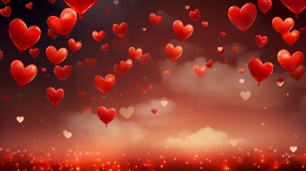Obraz premium Red heart balloons floating in romantic cloudy sky