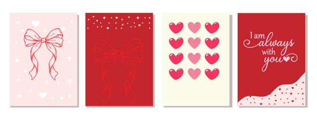 Four charming Valentines Day greeting cards with decorative bows and lovely heart patterns