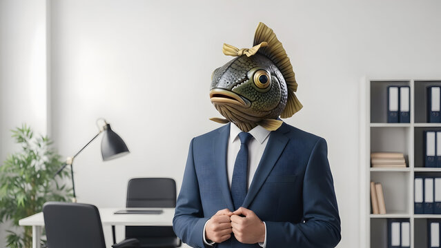 Humanoid figure with a fish head mask wearing a suit in modern office setting