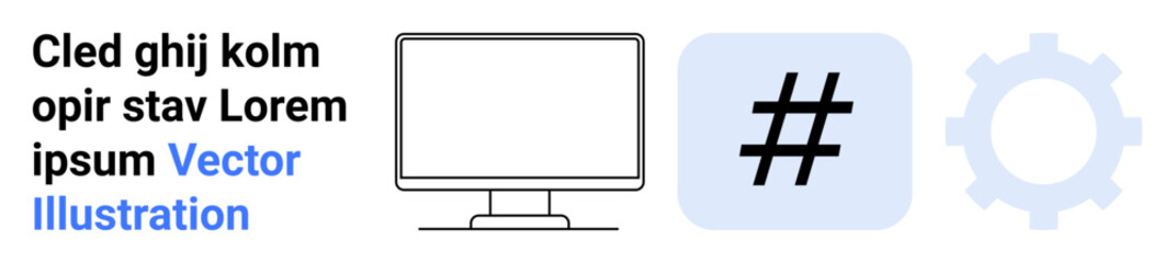 Obraz premium Display monitor, metadata tag symbol, and gear icon signify technology, social media, innovation, and mechanics. Ideal for tech, coding, social media teamwork digital tools problem-solving simple