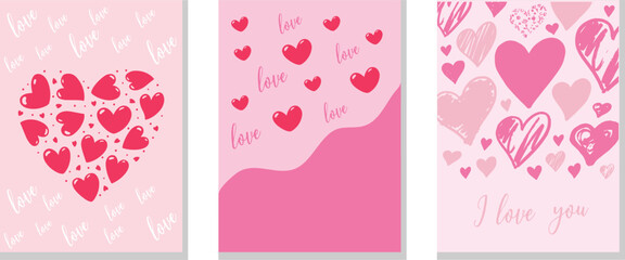 Three lovely vertical cards adorned with numerous pink and red hearts on light pink and pale backgrounds