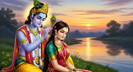 Obraz premium Radha and Krishna Beside the Sunset River, A Serene Hindu Divine Portrait of Love and Devotion