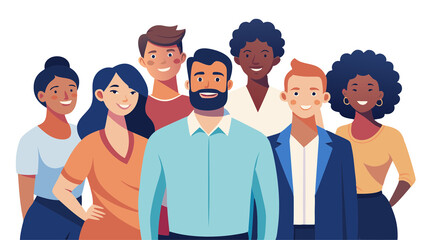 A group of happy young people and business characters in suits standing together as a winning team representing success and teamwork in a cartoon vector illustration