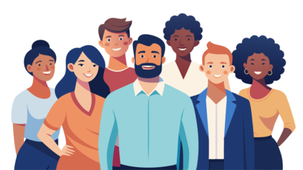 A group of happy young people and business characters in suits standing together as a winning team representing success and teamwork in a cartoon vector illustration