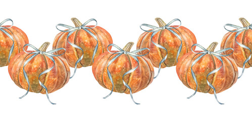 Watercolor seamless border with orange pumpkin and blue ribbon bow isolated on white background. Autumn vegetable raw food for sticker or halloween card and kitchen. Rim for wallpaper and wrapping