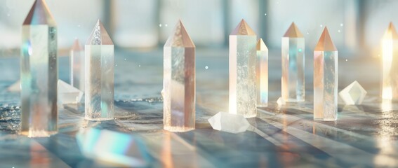 Crystal structures reflecting light in an urban setting during sunset hours