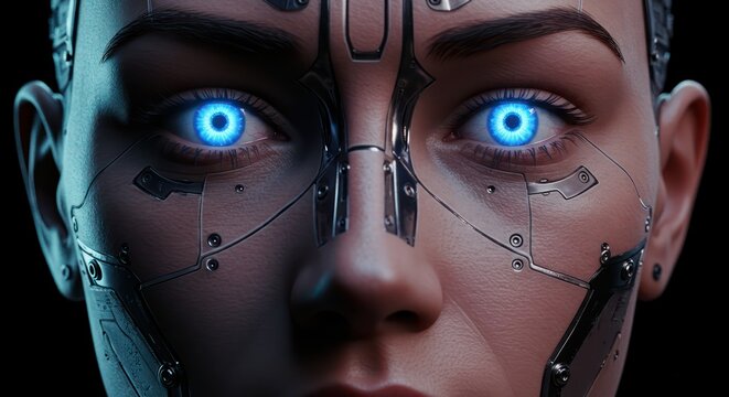 Futuristic android portrait with luminous blue eyes and metallic facial implants - Powered by Adobe