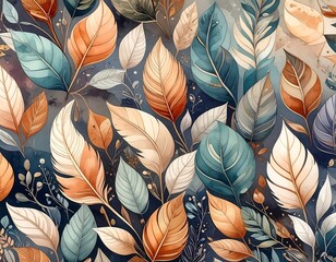 Watercolor depiction of stylized leaves in various colors, arranged in a dense, repeating pattern with organic design