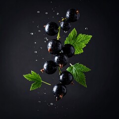 Floating black currants with green leaves and water droplets against a dark, moody background
