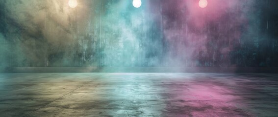 Stage ready for performance with colorful lights shining and a misty atmosphere