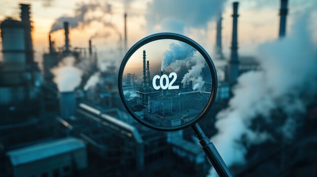 Magnifying Glass Focus on CO2 Emission From Industrial Factory in Smoky Atmosphere During Sunset