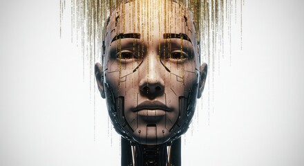 Artificial consciousness awakening, a futuristic digital persona emerges with golden streams of code