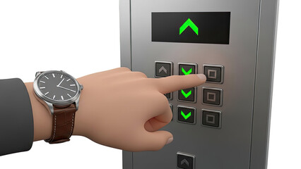 Hand pressing elevator button with a wristwatch