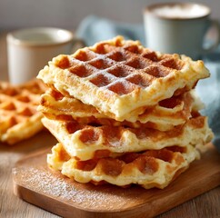 A stack of delicious waffles on a wooden cutting board with coffee