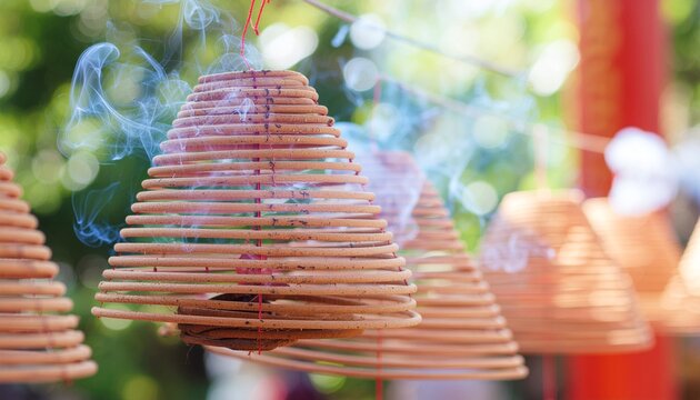 Incense Coils Smoking. Gong Xi Fa Cai. Create a slow-shutter photo for meditative atmosphere with the text "CALM" in a wispy, ephemeral font, with a soft, warm light and subtle smoke effect.
