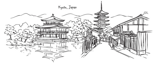 Naklejka premium Kyoto Japan City Skyline Sketch with Traditional Temples, Pagodas, Golden Pavilion, and Mountains Hand Drawn Illustration