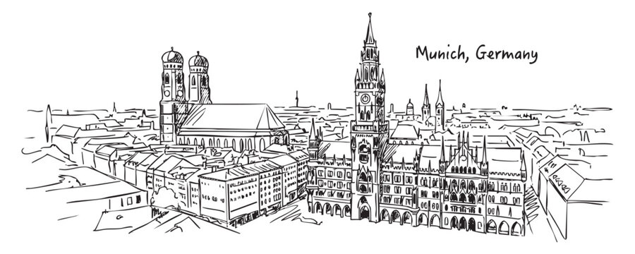Munich Germany City Skyline Sketch with Marienplatz, Frauenkirche, and New Town Hall Hand Drawn Illustration