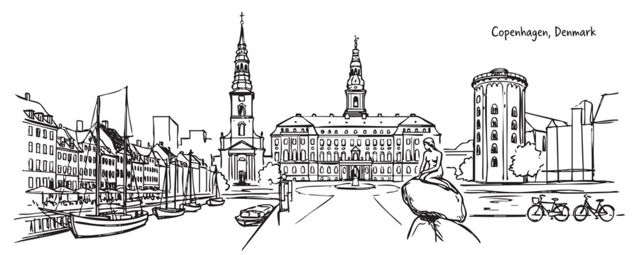 Copenhagen Denmark City Skyline Sketch with Nyhavn Harbor, Little Mermaid Statue, and Historic Towers Hand Drawn Illustration